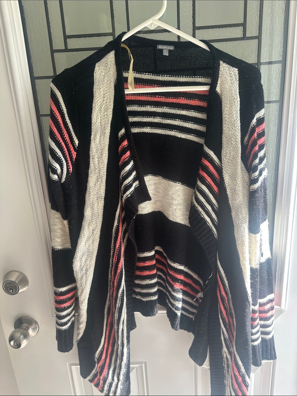 Charlotte Russe Black, Cream & Coral Striped Open-Front Cardigan